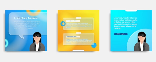 벡터 glassmorphism 스타일의 유리 프레임 텍스트 상자에 파란색 주황색 소셜 미디어 템플릿 레이아웃 디자인