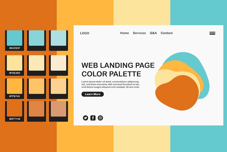 Vector blue orange web page color palette, pastel colors landing page, pantone colors for website page