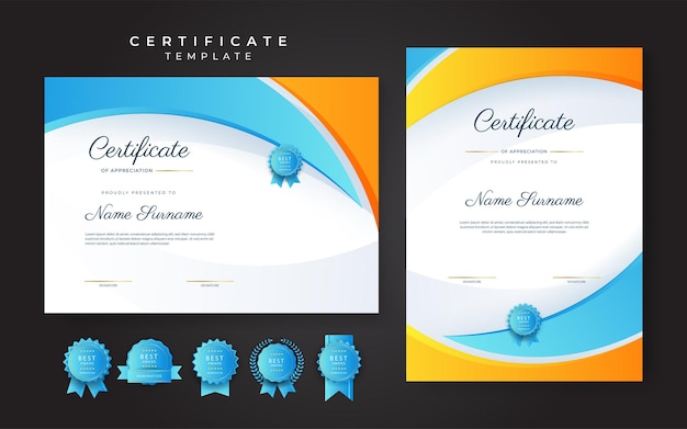 Blue and orange yellow certificate of achievement border template with luxury badge and modern line pattern For award business and education needs