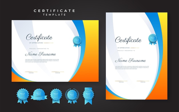Blue and orange yellow certificate of achievement border template with luxury badge and modern line pattern For award business and education needs