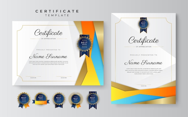 Blue and orange yellow certificate of achievement border template with luxury badge and modern line pattern for award business and education needs