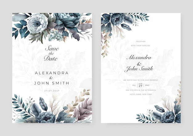 Vector blue orchid flower floral elegant wedding invitation watercolor