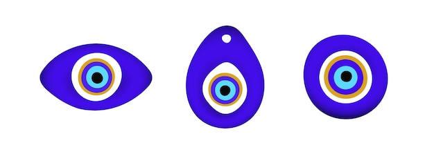 ブルーオリエンタル邪眼シンボルお守りフラットスタイルデザインベクトルイラストセット