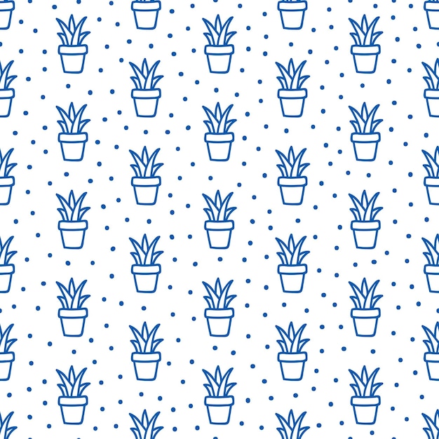 Blue outline cactis seamless pattern.