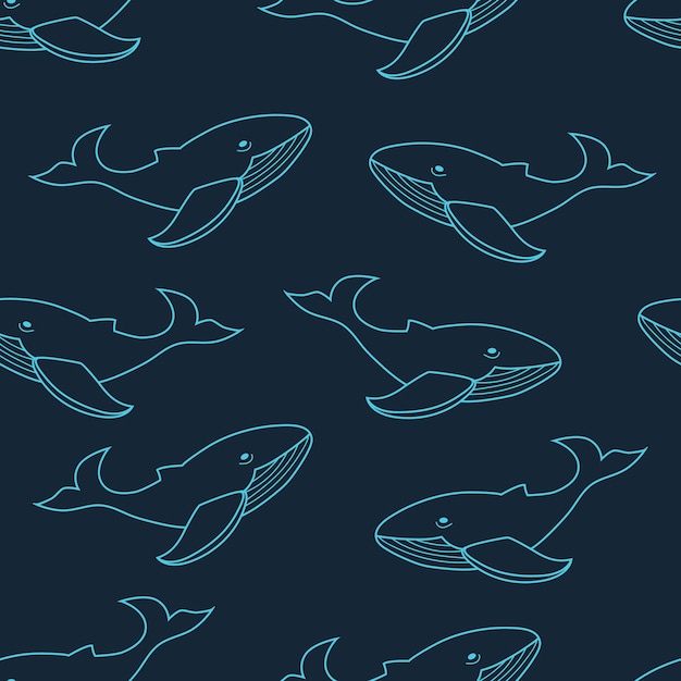 Blue outline whale pattern. Seamless pattern with doodle whales. Ocean animals background.