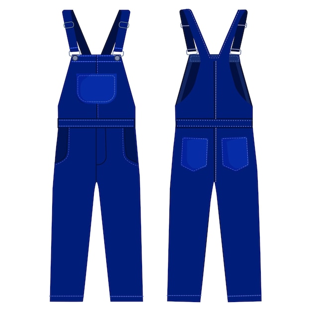 ベクトル 作業服や白い背景の前面と背面に分離された均一なデザインの青いオーバー オール