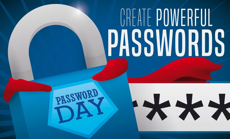 Vector blue padlock wearing a cape and input box text promoting to create powerful pass for password day