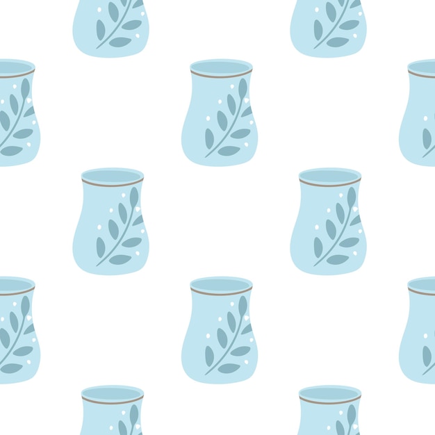 Синие окрашенные миски для напитков бесшовный узор Кухонная керамика фон Печать с фарфоровыми чашками