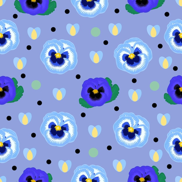 Blue pansies with hearts and dots seamless pattern