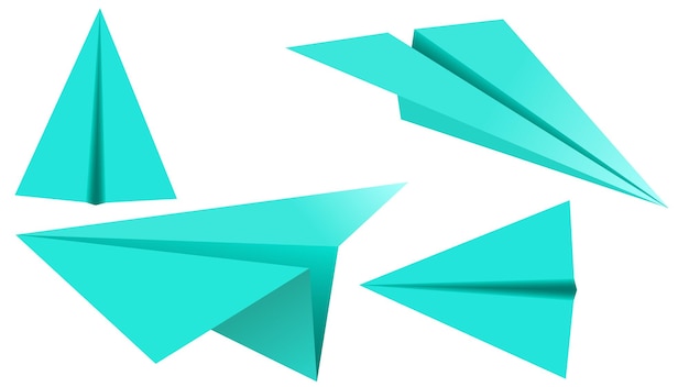 blue paper plane 3D model jet. Different view paper airplane isolated on transparent background