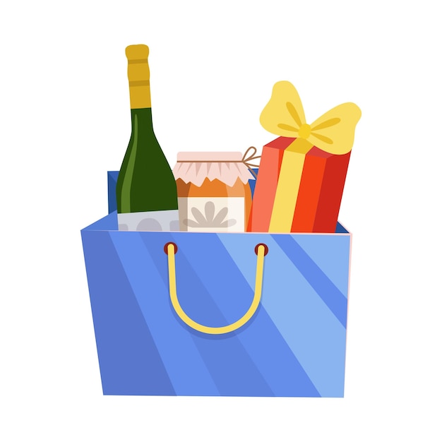 벡터 알코올 병 <unk> 항아리 및 생일 xmas 선물 패키지와 함께 파란 종이 쇼핑 가방