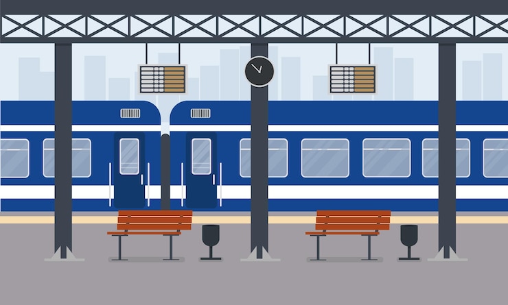 Vector blue passenger train at train station train station in city