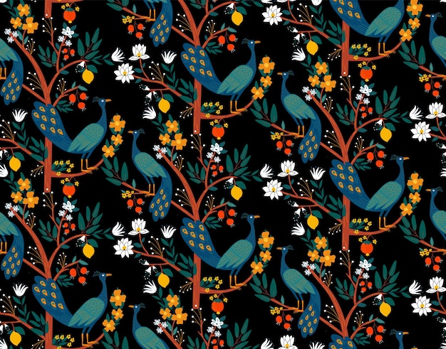 Blue peacocks in fairy garden on black background seamless pattern