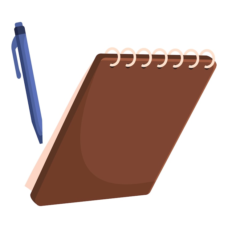 Vector blue pen lying near brown spiral notepad for writing