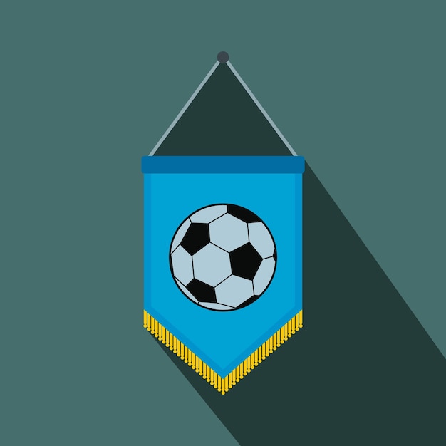 Vettore gagliardetto blu con icona piatta del pallone da calcio su sfondo grigio