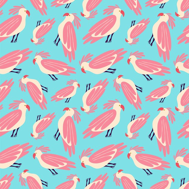 A blue and pink bird pattern with birds of different colors and sizes
