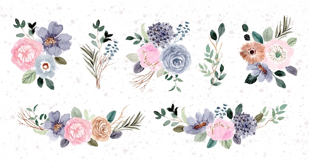 Vector blue pink floral arrangement watercolor collection