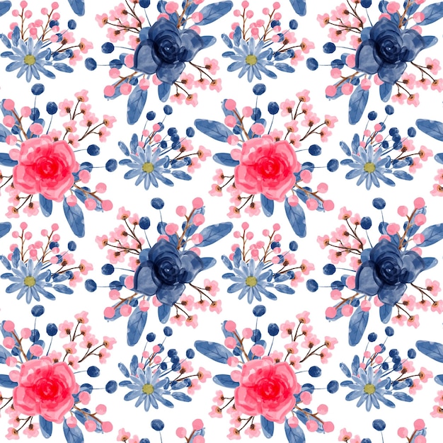 Blue pink floral watercolor seamless pattern