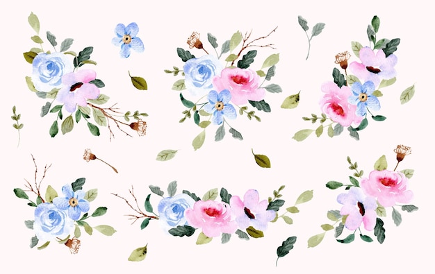 Blue pink flower garden watercolor arrangement collection