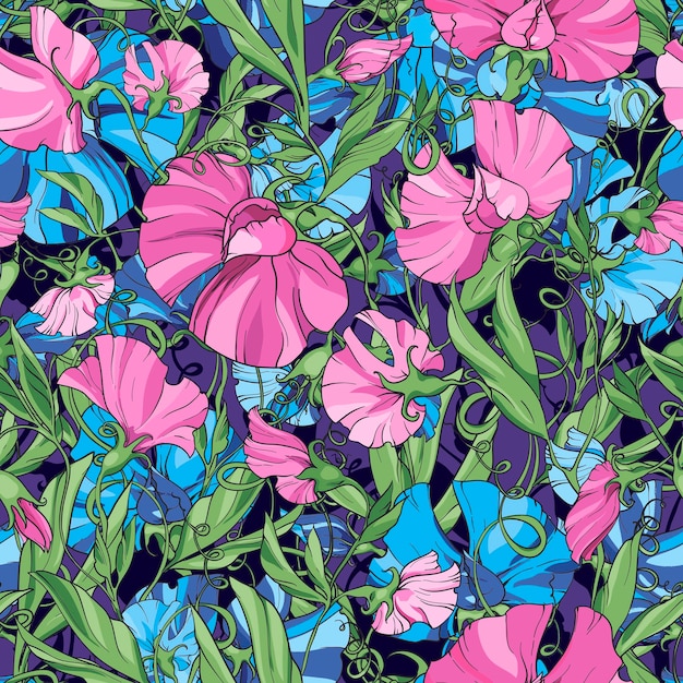 Blue and pink flowers sweet pea on a blue purple background floral seamless pattern