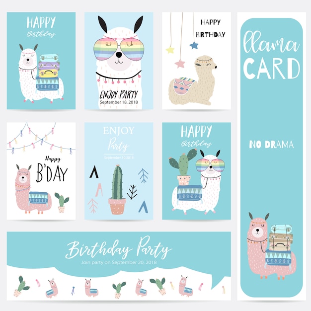 Vector blue pink hand drawn cute card with llama,glasses,cactus and hat