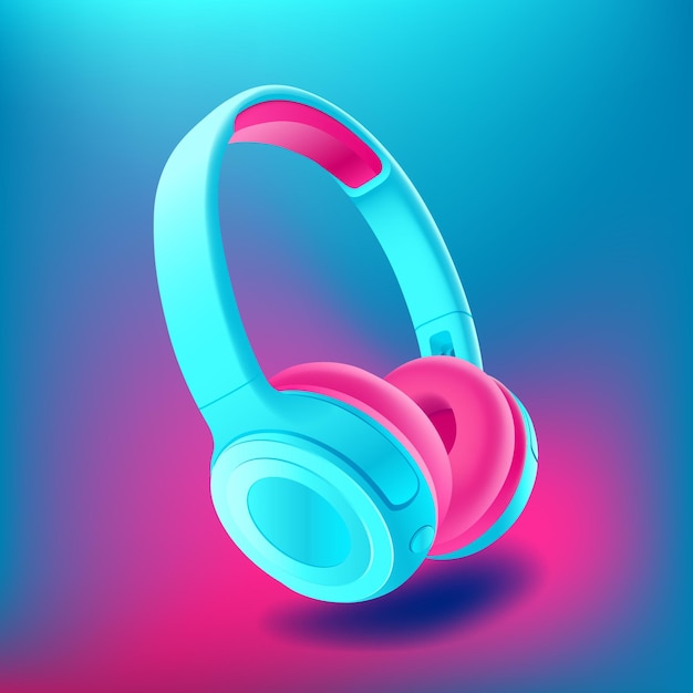 Blue and pink headphones isolated on bluee background, realistic.