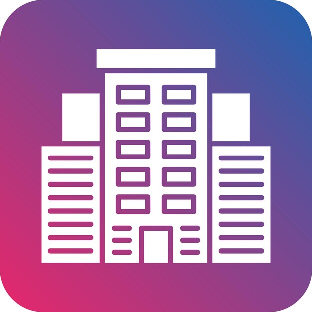 Un logo blu e rosa con un edificio al centro