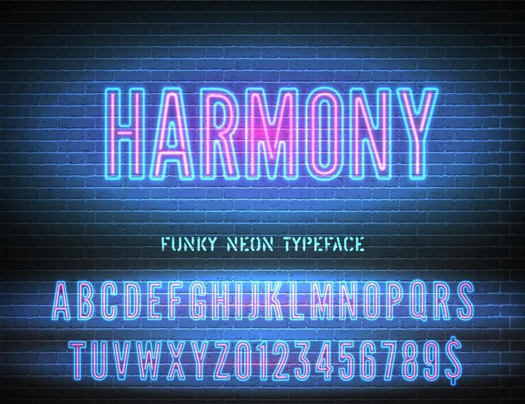 Vector blue pink neon typeface and vector harmony night light sign