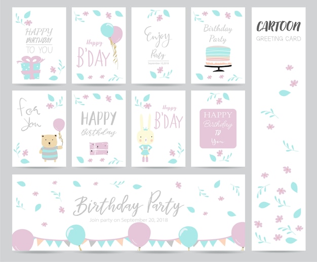 blue pink pastel greeting card with cake, bear, flower and gift