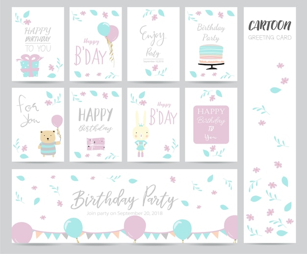 Blue pink pastel greeting card with cake, bear, flower and gift