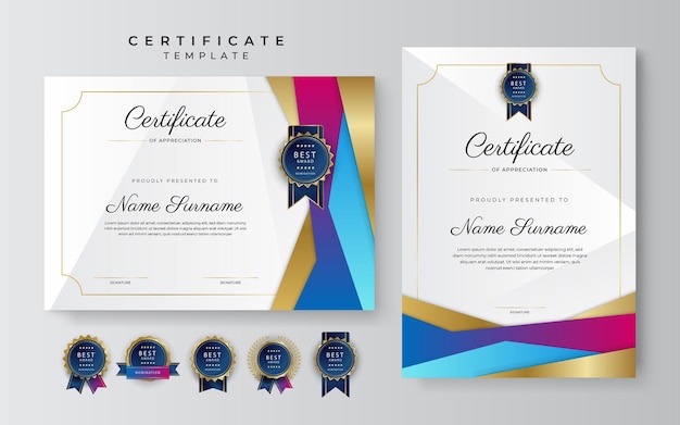 Blue and pink purple technology certificate of achievement border template with luxury badge and modern line pattern for award business and education needs