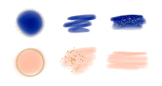 Spruzzi di disegno a mano ad acquerello blu e rosa con cornici glitterate dorate