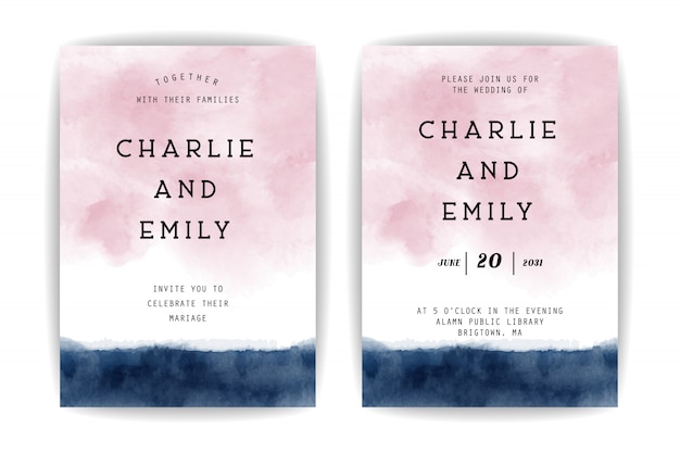 Vector blue and pink watercolor wedding invitation design template