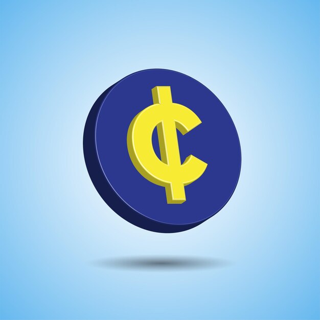 Blue Plastic Coin with Yellow Cent Sign Simple and Minimal Cartoon 3D Vector illustration