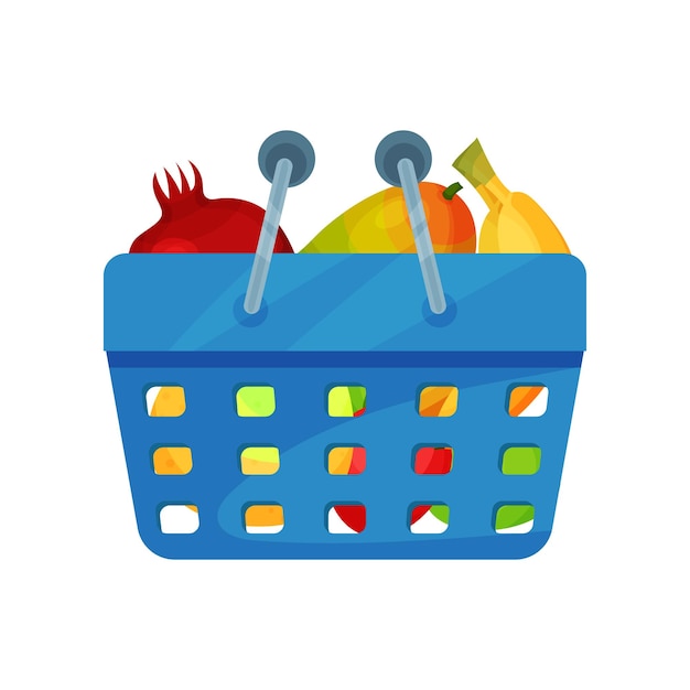 Blue plastic shopping basket full of fresh fruits natural and healthy food organic products flat vector icon