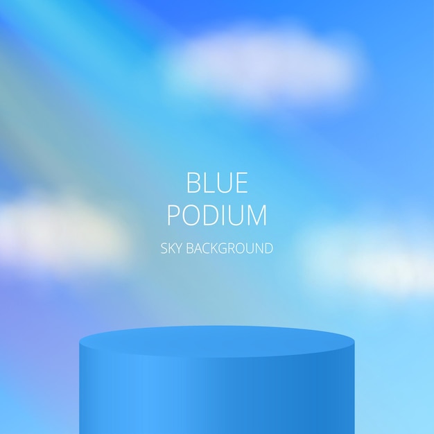 Blue podium Background with cloudy sky and rainbow Product display Cylinder rays of light clouds