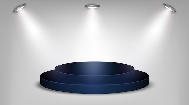 Blue podium on light background with spotlights illuminated illustration