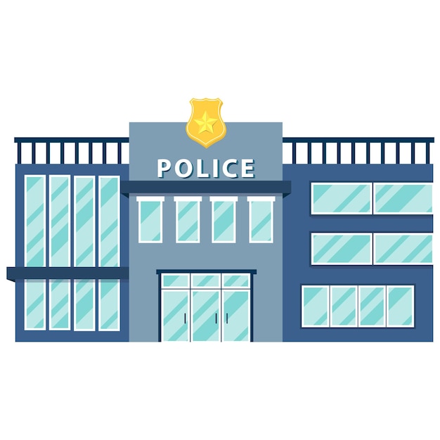 A blue police department with a lot of windows and a modern structure with a golden badge symbol