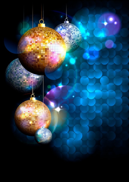 Vector blue polygon background with fur tree golden and silver mosaic balls.