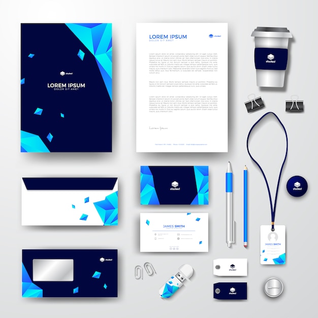 Vector blue polygon business stationery set with business cards