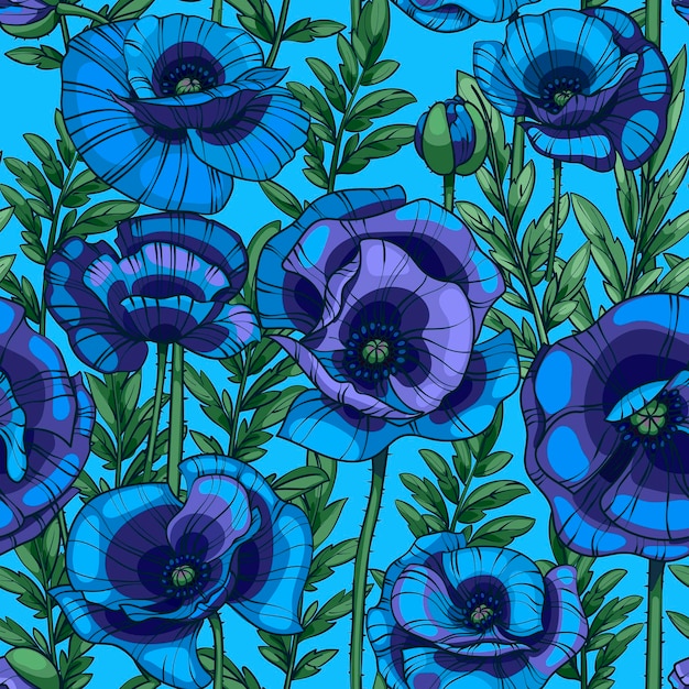 Blue poppies seamless vector pattern