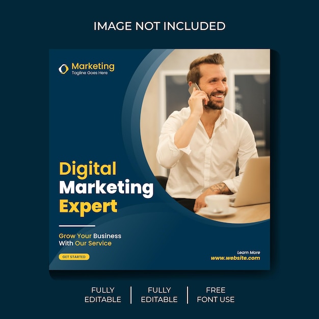 한 남자가 전화 통화를 하고 있는 디지털 마케팅 전문가를 위한 파란색 포스터입니다.