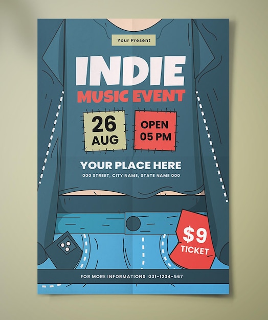 A blue poster for a music event that says " your place here ".