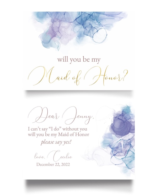 Vector blue purple alcohol ink with gold foil watercolor bridesmaid maid of honor invitation