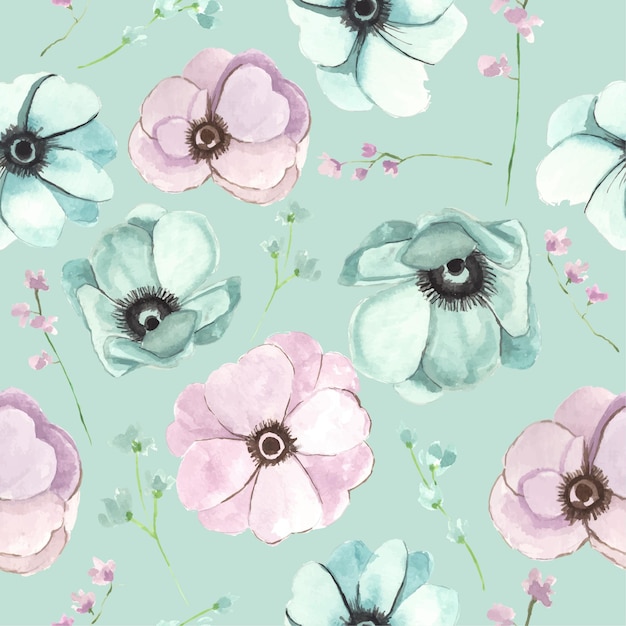 Blue and purple anemone flower watercolor seamless pattern