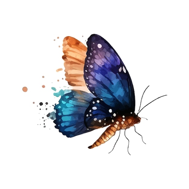 白い背景に分離された青い紫蝶の水彩画