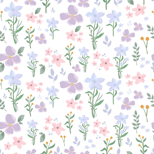 Blue purple floral botanical pattern and seamless background illustration spring cute wild flower