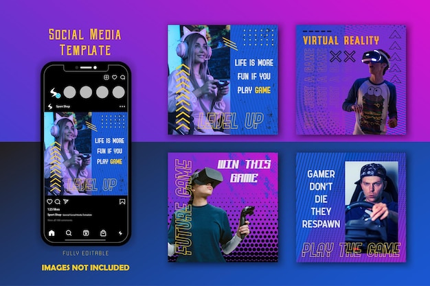 Blue purple gradient game games esport team social media post template set