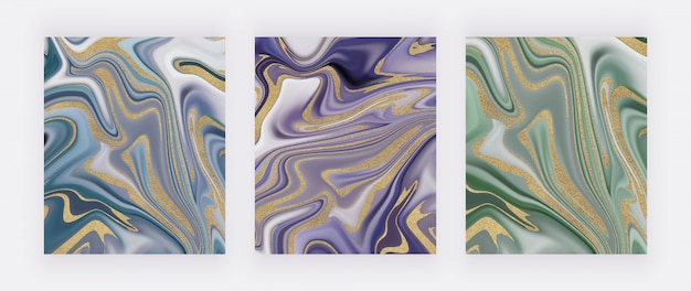 blue, purple and green with golden glitter liquid ink painting abstract pattern.
