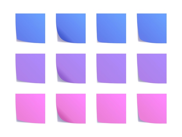 Blue purple and pink folded stickers mockup set with shadow Different positions and rotation Well organized and easy edit